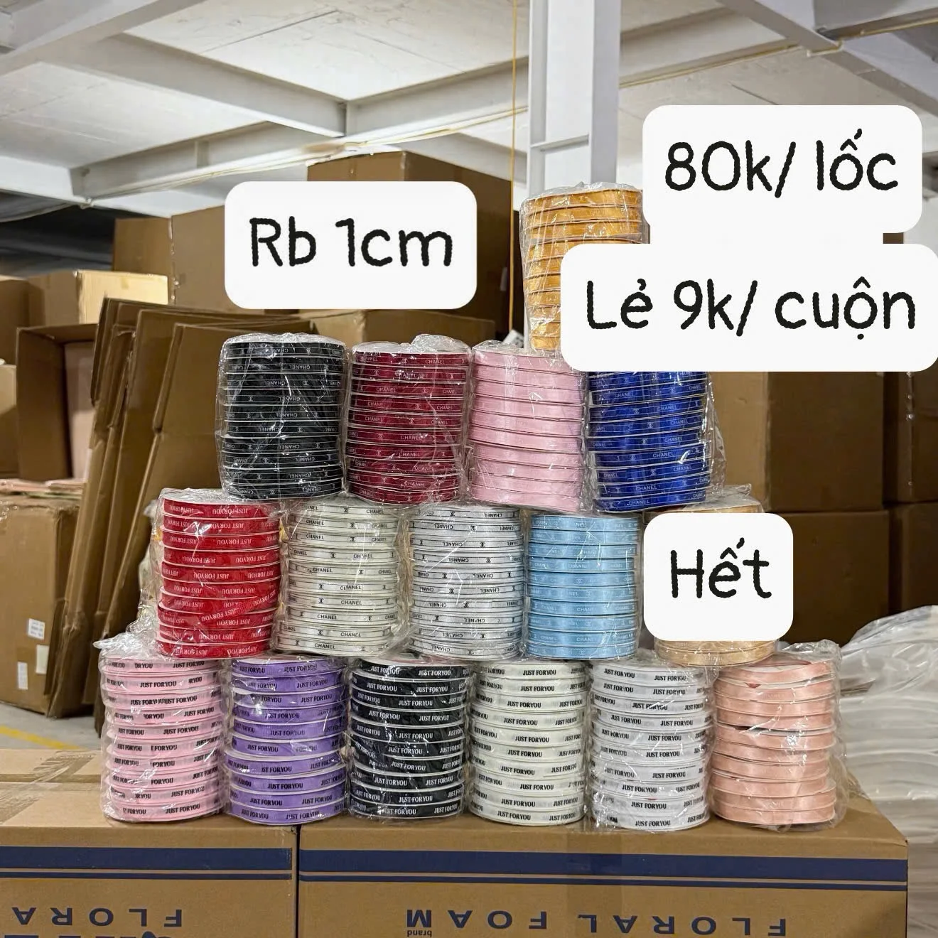 Lốc 10 cuộn / Ruy băng ( duy băng)  1Cm chữ ,
