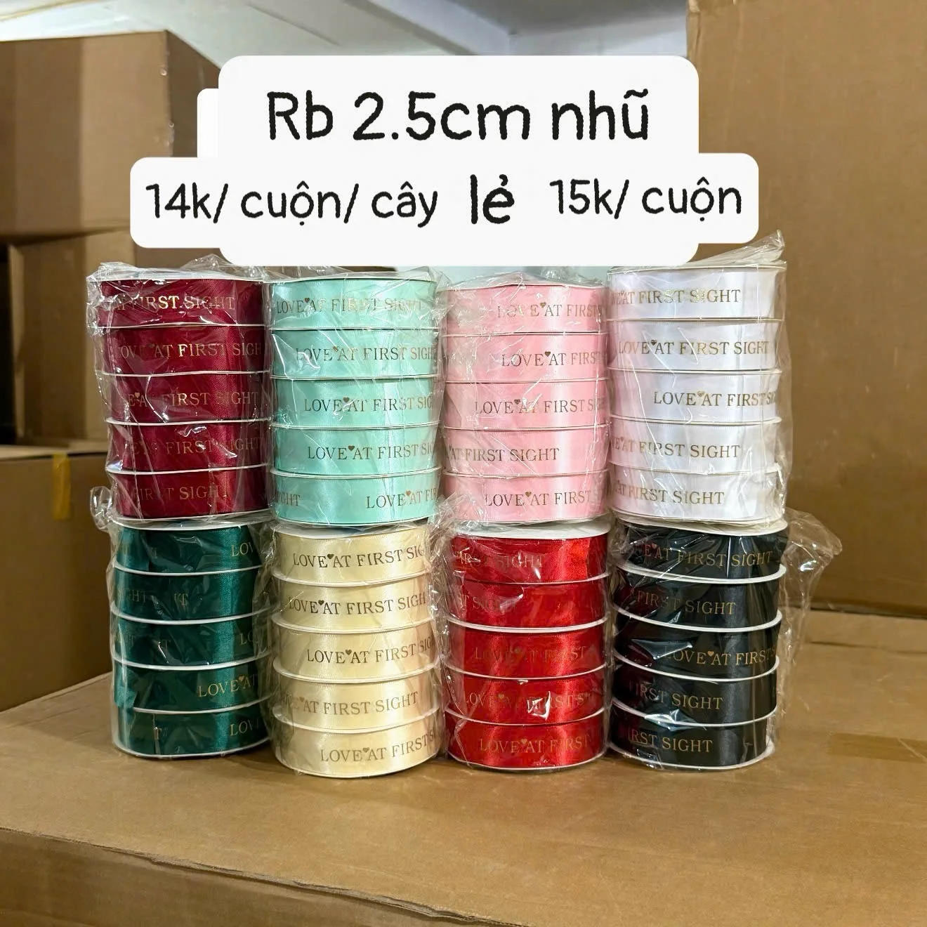 Lốc 5  cuộn/  Ruy băng 2.5cm Nhũ Love