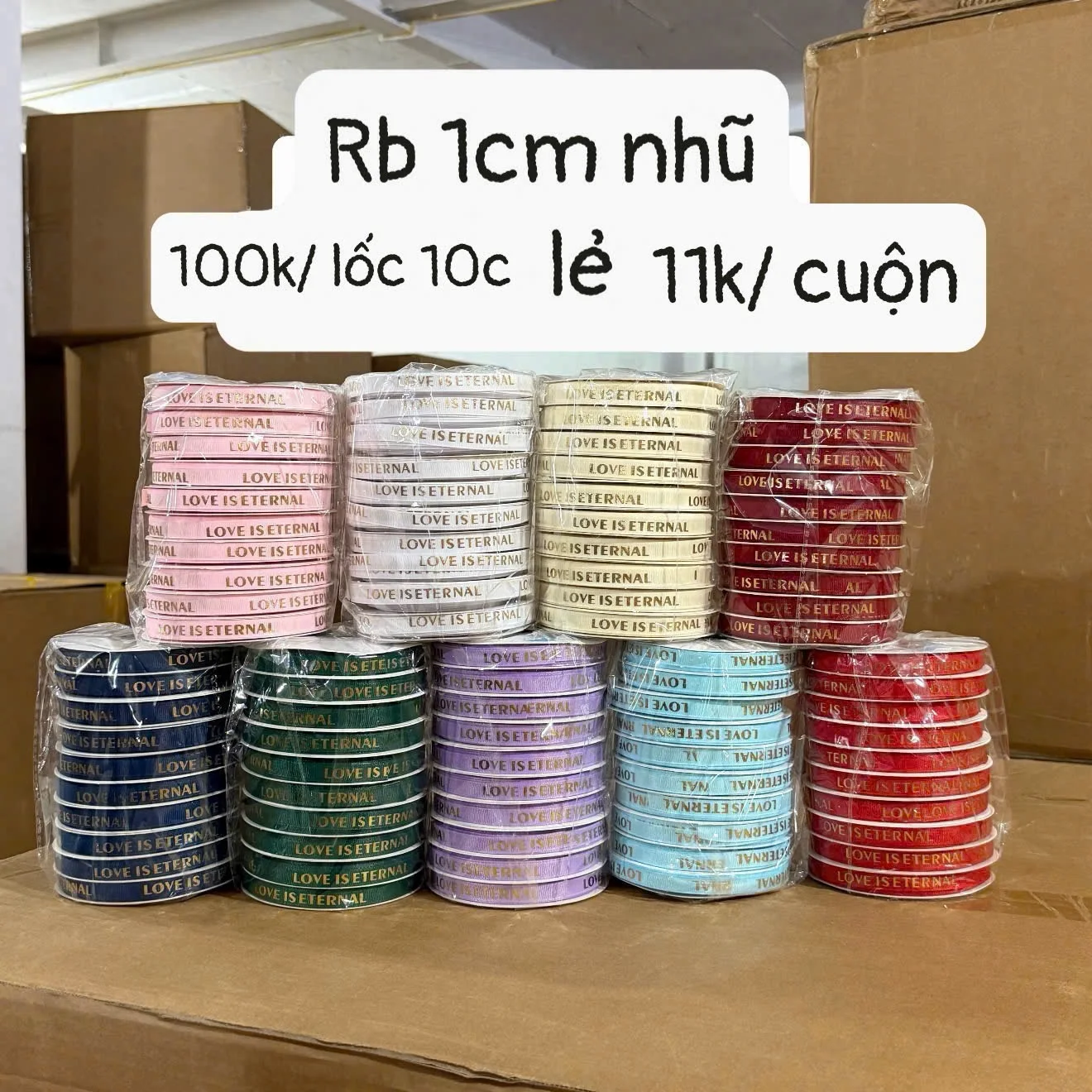 lốc 10 cuộn/  Ruy băng 1cm Nhũ LoVe